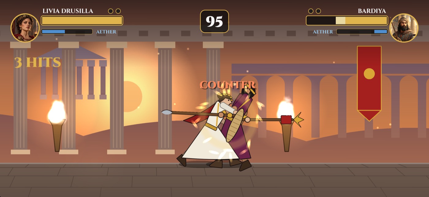 Livia Drusilla and Bardiya fighting in the Forum at dusk